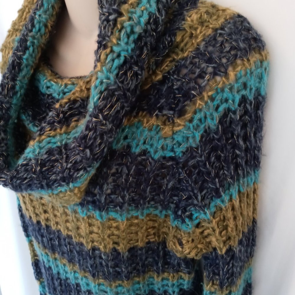 Gorgeous Cowl Neck Open Knit Chunky Sweater Turquoise Blue & Green W Gold Flecks - Picture 5 of 12